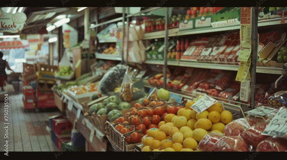 A Polaroid photo of a grocery capturing a vintage, old-school, nostalgic atmosphere with muted colors