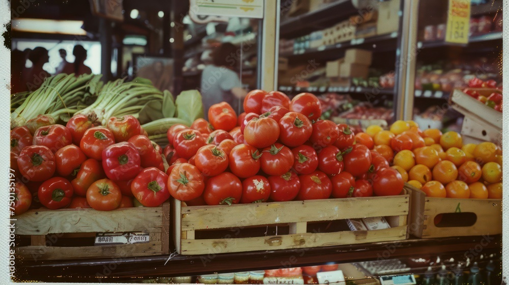 A Polaroid photo of a grocery capturing a vintage, old-school, nostalgic atmosphere with muted colors A Polaroid photo of a grocery capturing a vintage, old-school, nostalgic atmosphere with muted colors
