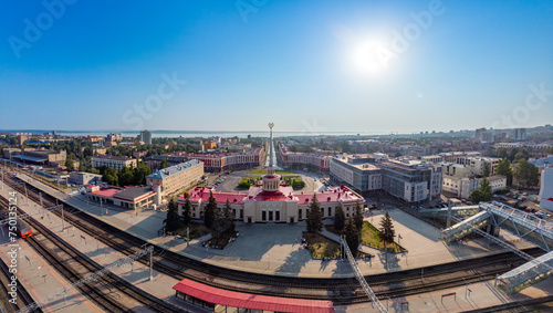 Aerial top view to railway station st. Petrozavodsk-Passenger. Building are on Gagarin square and Lenin Avenue in center of city in sunny summer day. Petrozavodsk city is capital of Karelia. Russia