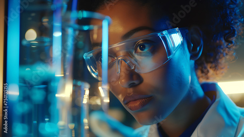 Cientista em laboratório segurando tubo de ensaio com líquido colorido equipamento de laboratório ao fundo photo