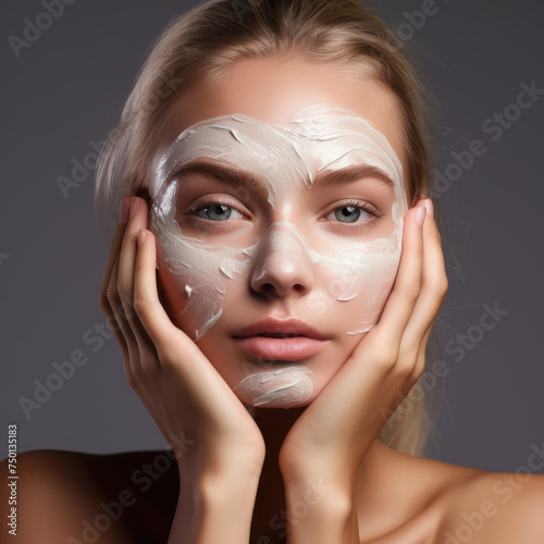 Beautiful young woman applying skin care cosmetic product cream facial mask on her face. Concept of cosmetics, makeup, beauty, treatment, space, cleaning,wellness.