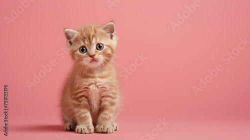 A charming Scottish Fold kitten, its folded ears giving it a cute expression, on a solid blush pink background.