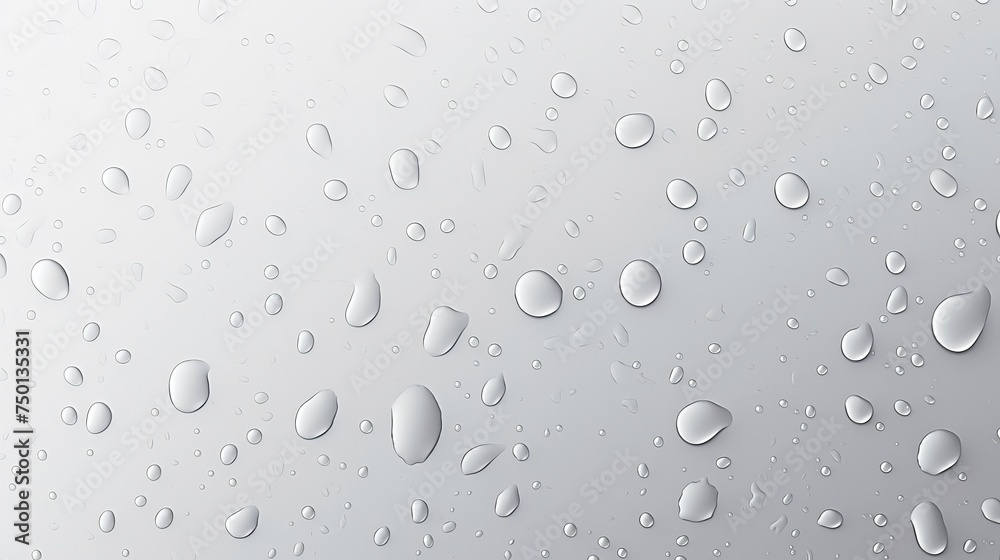 Raindrops cascade onto a gray background, presenting a wet surface with realistic water droplets and bubbles, ideal for creative banner designs.