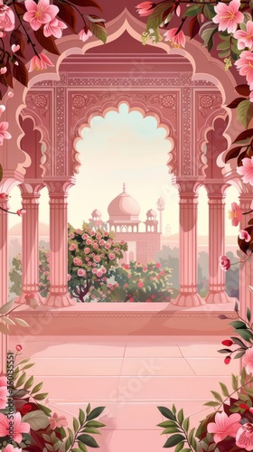 Indian floral arch wedding background, elegant invitation and greeting design