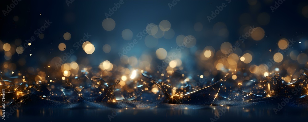 Sophisticated dark blue and gold abstract background with twinkling Christmas lights. Concept Abstract Background, Dark Blue, Gold, Christmas Lights, Sophisticated - obrazy, fototapety, plakaty 
