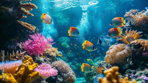 artificial intelligence image of a coral reef  with beautiful colors and even more beautiful wildlife and fish