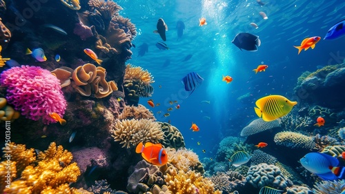 artificial intelligence image of a coral reef, with beautiful colors and even more beautiful wildlife and fish © Sndor