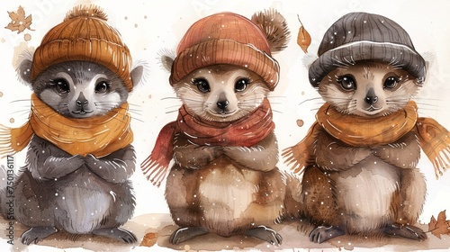 three raccoons wearing hats and scarves sit in the snow, one is wearing a scarf and the other is wearing a hat and scarf. photo