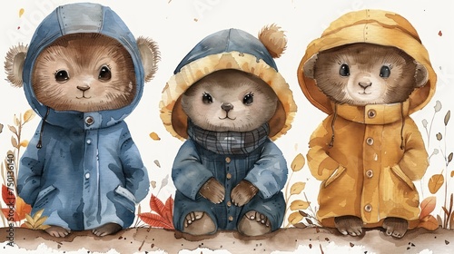 a painting of three teddy bears dressed in raincoats and boots, sitting in front of a white background. photo