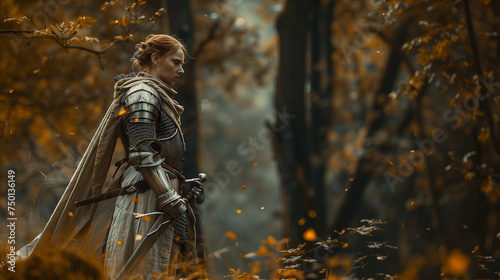 Woman Female Medieval Knight in the Forest with Sword