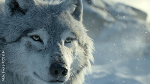 A close-up of a regal white wolf, its piercing gaze captured against a backdrop of pure white snow.