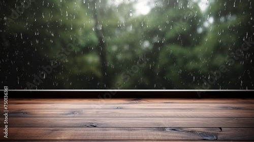 Raindrops decorate a wood tabletop resting on a clear window, providing a versatile display option for products. photo
