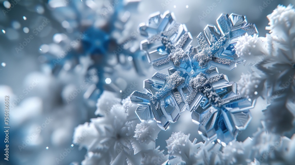 a close up of a snowflake that looks like a snowflake with snow flakes on it. - obrazy, fototapety, plakaty 