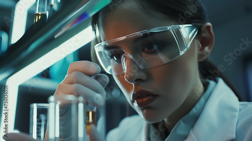 Pesquisa Científica Uma Cientista Examinando um Tubo de Ensaio em um Laboratório Bem Equipado photo