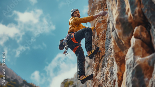 Outdoor enthusiasts conquering a challenging rock-climbing course with determination. photo