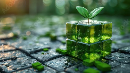 a small green plant sprouting out of a cube of ice on top of a tiled floor in the middle of a park.
