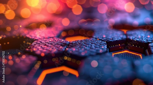 a close up of a computer keyboard with a lot of blurry lights on the top of the keyboard and bottom of the keyboard.