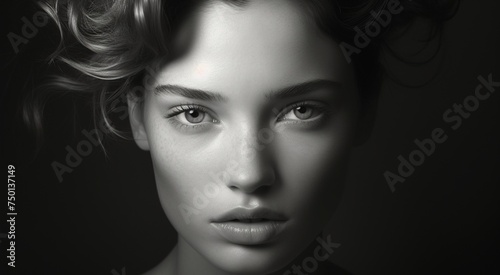 a black and white photo of a woman with shadow., in the style of minimalist beauty, light bronze and bronze, serene faces, sharp edges, karencore, high definition, contrast shading, realism