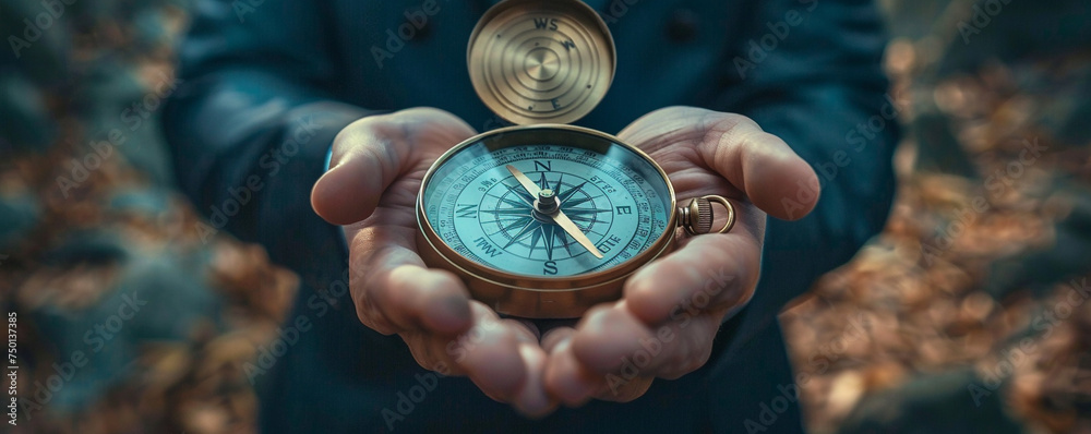 Businessman holding a compass with vision and mission icons. Defining ...