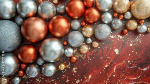 a close up of a bunch of balls on a red and gold background with a white spot in the middle.