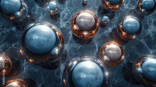 a group of shiny metal balls floating on top of a body of water with bubbles in the middle of them. photo