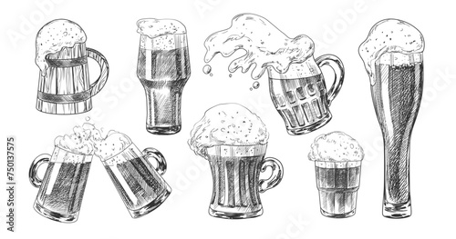 Set of beer glasses isolated on white background. Sketch style spilled beer. Pint glassware. Collection of engraved illustrations for pub menu. Oktoberfest drinks. Hand drawn goblets of beer