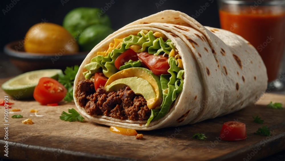 Mediterranean Fusion: Lavash Roll with Savory Meat and Fresh Vegetables Mediterranean Fusion: Lavash Roll with Savory Meat and Fresh Vegetables