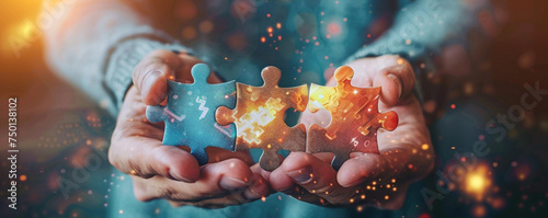 Businessman holding a puzzle piece with teamwork and collaboration icons. Fostering a culture of cooperation and communication among employees and partners to achieve common goals and overcome challen
