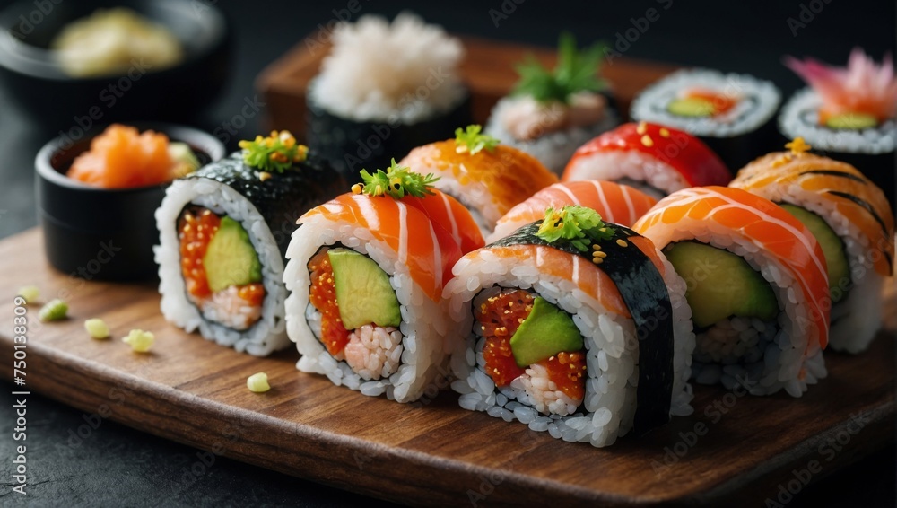 Appetizing crab, crunchy cucumber, and slices of avocado in a roll. Appetizing crab, crunchy cucumber, and slices of avocado in a roll.