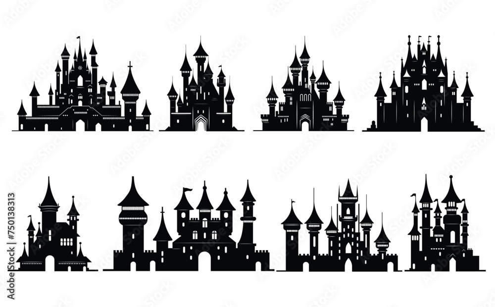 A collection of ancient castles. Medieval castles. Gothic mansion exterior vector set. Mysterious royal house with gates	