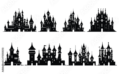 A collection of ancient castles. Medieval castles. Gothic mansion exterior vector set. Mysterious royal house with gates 