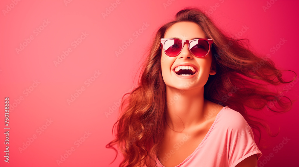 Beautiful young woman with flying long hair in sunglasses on pink background.