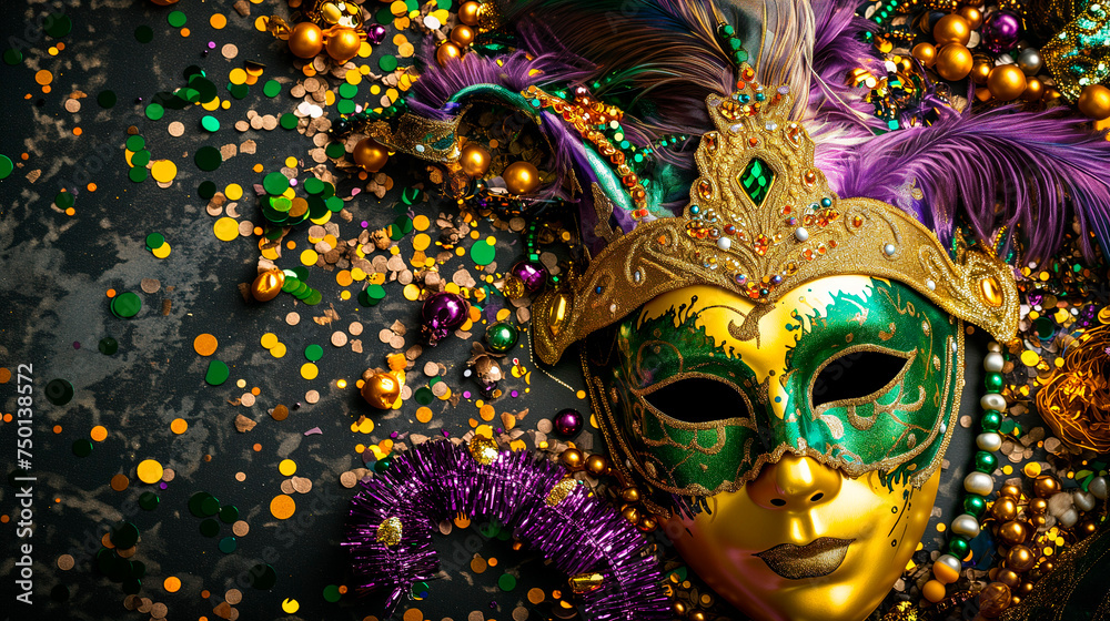 Carnival mask with colorful feathers and serpentine. Bright colors yellow, green, purple. Mardi Gras party background.