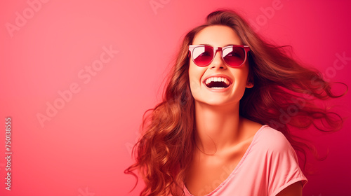 Beautiful young woman with flying long hair in sunglasses on pink background.