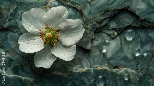 a close up of a white flower with water droplets on it's petals and a green leafy background. photo