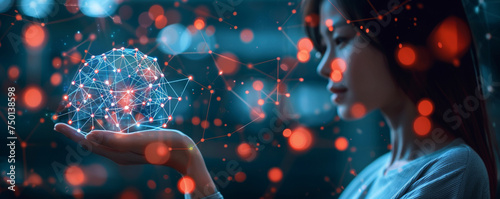 Businesswoman hand-holding artificial intelligence icons with a smart network connection. Utilizing the latest AI technology to automate and optimize business processes and decision making. photo