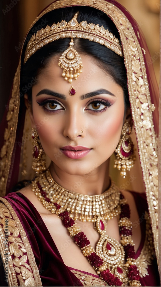 Maroon Majesty: Stunning Portrait of an Indian Bride in Rich Maroon Lehenga and Exquisite Jewelry, Generative AI.