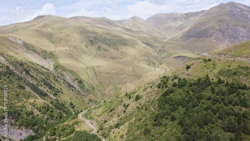 Drone view of a mountain valley with trees and pastures. 4k
