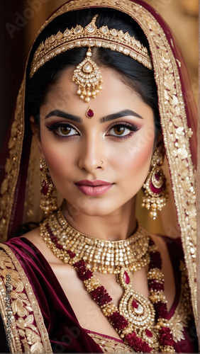 Maroon Majesty: Stunning Portrait of an Indian Bride in Rich Maroon Lehenga and Exquisite Jewelry, Generative AI.