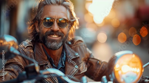 Portrait of a happy man in sunglasses on a motorbike. Ai generative