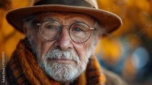 Portrait of an elderly elegant man in autumn scenery. Ai generative