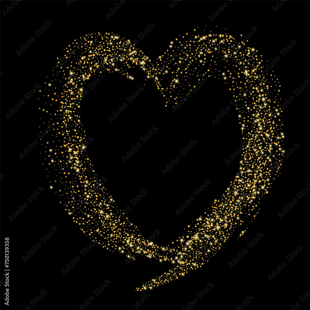Confetti with gold glitter in the shape of a heart on a black background. Shiny particles and sand are scattered. Decorative element, golden heart. Luxury holiday background, vector Confetti with gold glitter in the shape of a heart on a black background. Shiny particles and sand are scattered. Decorative element, golden heart. Luxury holiday background, vector