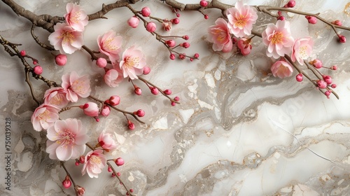 a marble background with pink flowers on the branch of a tree in the center of the image is a marble slab of marble. © Sonya