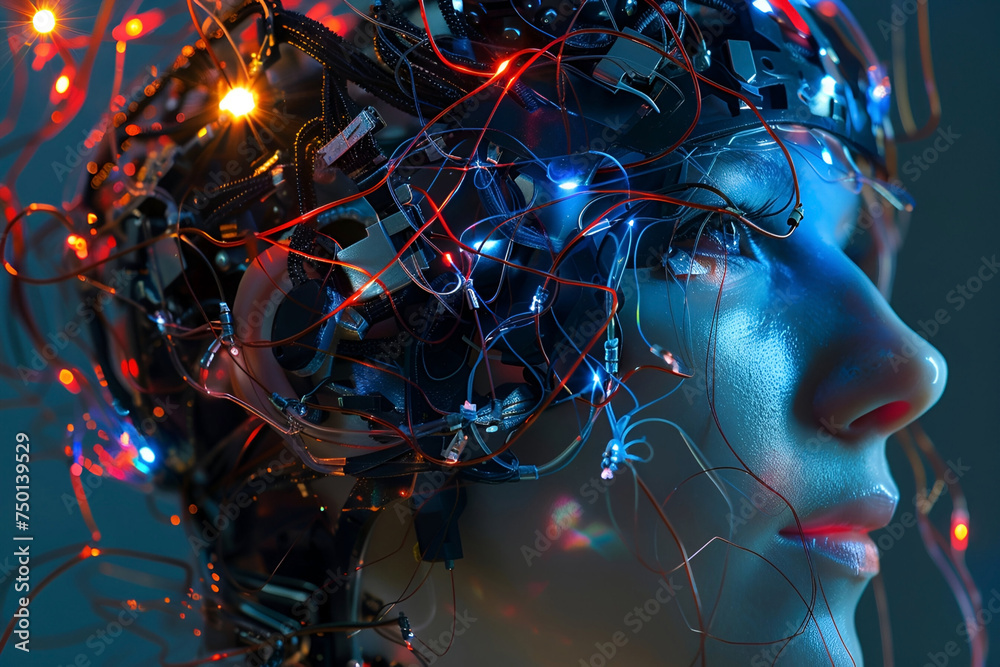 Big data and artificial intelligence concept. Machine learning and cyber mind domination concept in form of women face outline outline with circuit board and binary data flow Big data and artificial intelligence concept. Machine learning and cyber mind domination concept in form of women face outline outline with circuit board and binary data flow