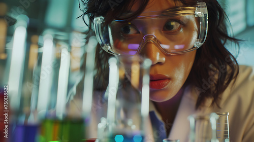 Cientista feminina pipetando líquido em tubo de ensaio em laboratório bem equipado photo