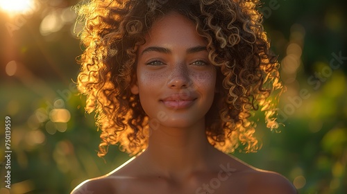 A latin woman beauty, with cinnamon skind and black and curly hair. Ai generative
