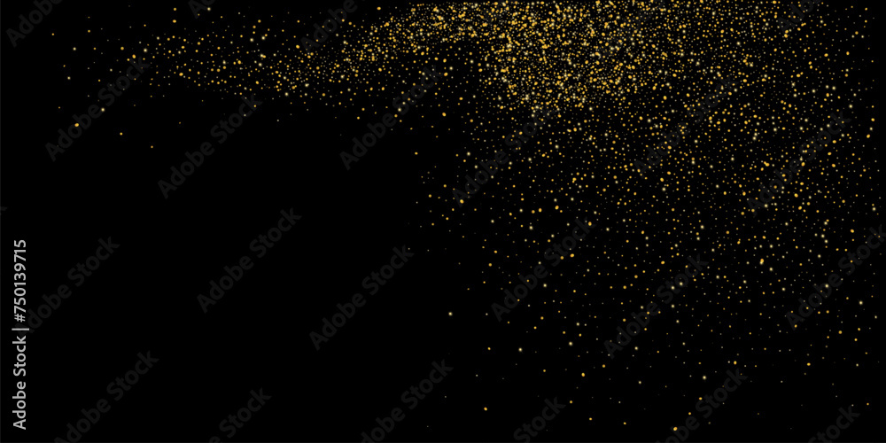 Gold dust. Confetti with gold glitter on a black background. Shiny scattered sand particles. Decorative elements. Luxury background for your design, cards, invitations. Vector