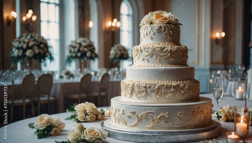 Wedding Cake with Flowers on a Table in a Bright Room Wedding Cake with Flowers on a Table in a Bright Room