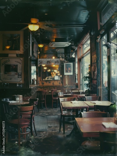 Photographs of coffee shop interiors exuding a vintage, old-school, nostalgic ambiance, featuring tranquil colors reminiscent of Polaroid pictures.