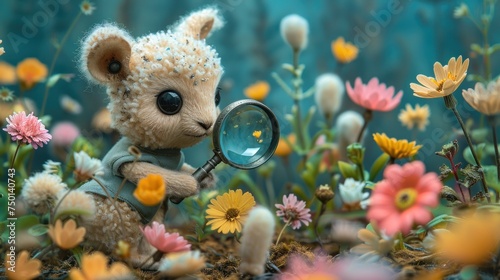 a teddy bear looking through a magnifying glass in a field of flowers with daisies and other flowers.